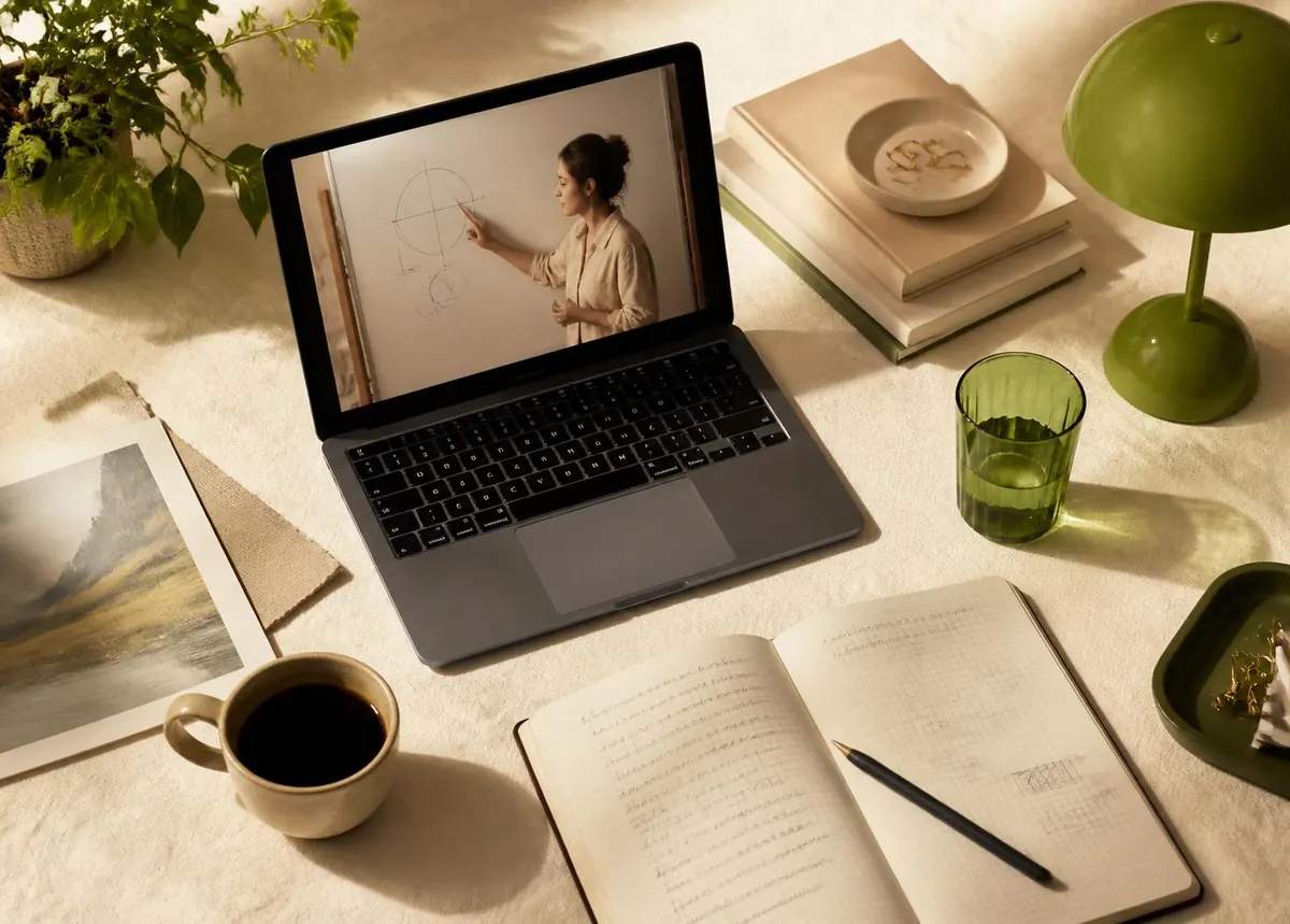 Aluno assistindo a uma aula em vídeo no notebook, com caderno de anotações ao lado